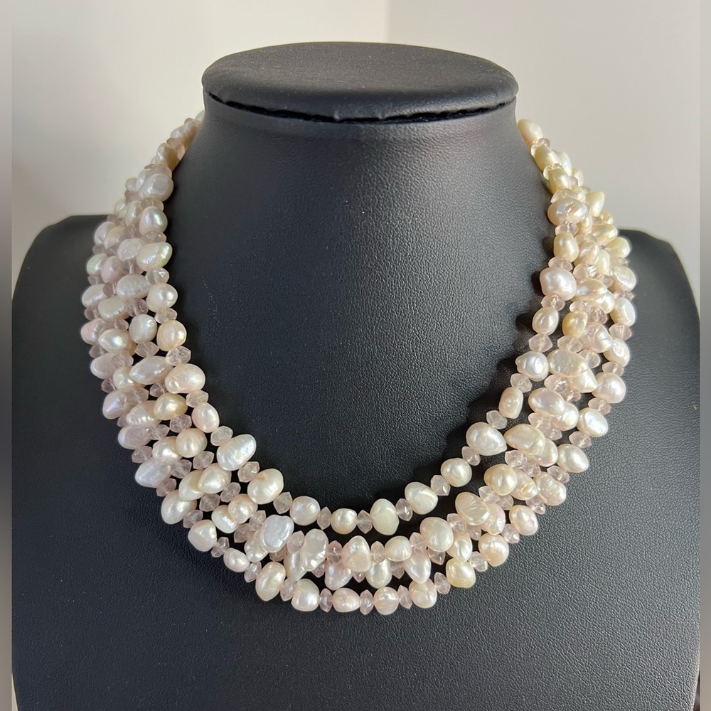 Freshwater Pearl & Rose Quartz Stone 4 Strand Necklace w/925 Clasp 14โ